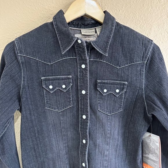 NWT Ruff Hewn Denim Shirt Western Womens Size Small Black Gray Pearl Snaps - Picture 2 of 9